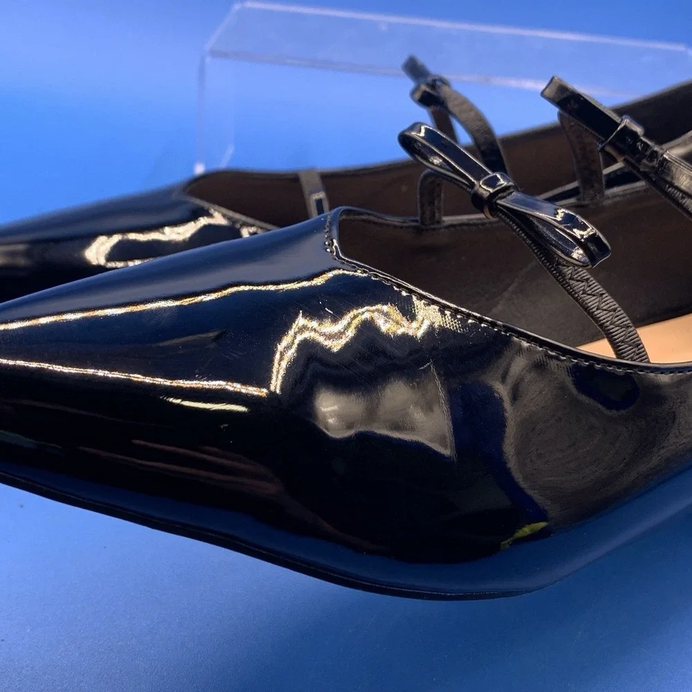 Lovirs Women's Black Double Bow Pointed Toe Faux Patent Leather Flats - Size 10